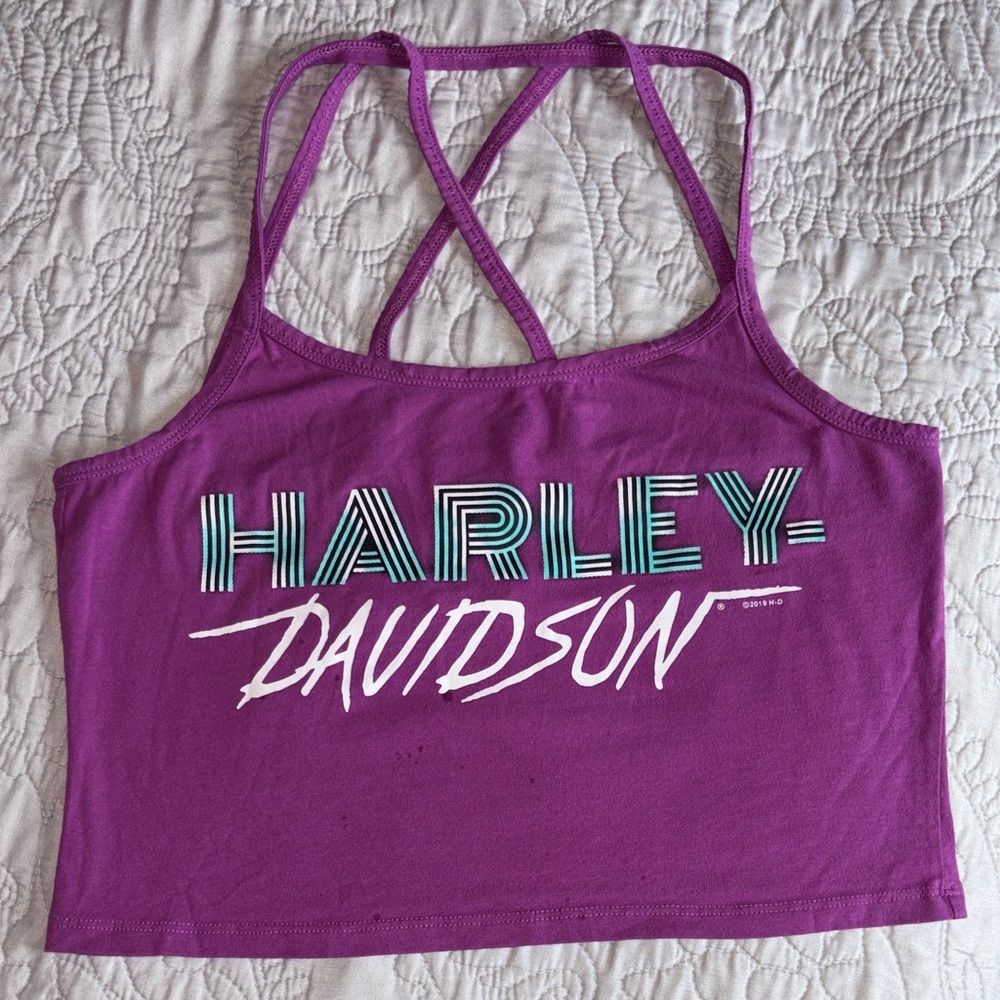 Harley-Davidson Pink-Purple Strappy Crop Tank with Retro Teal Logo S